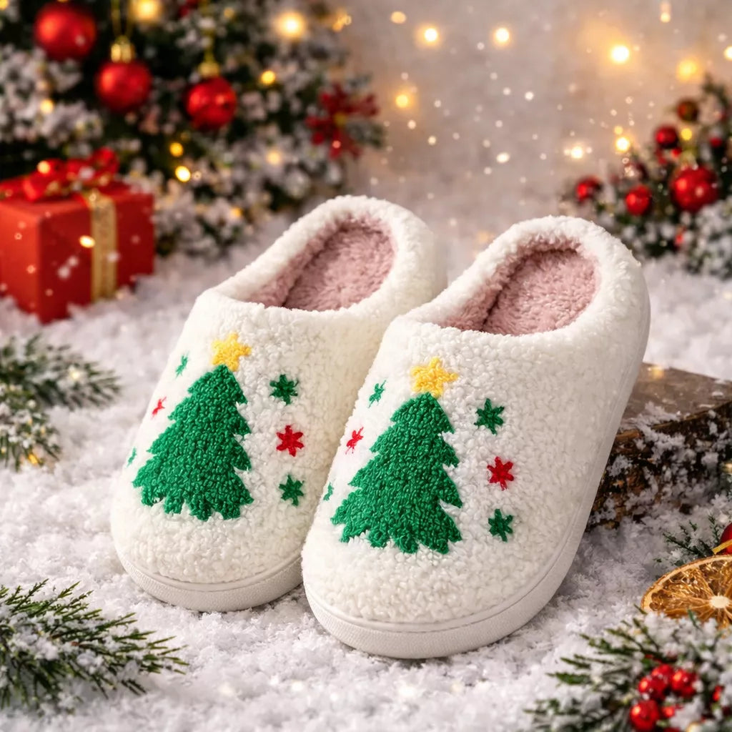 Christmas slippers with Christmas tree designs on a snowy background with festive decorations.