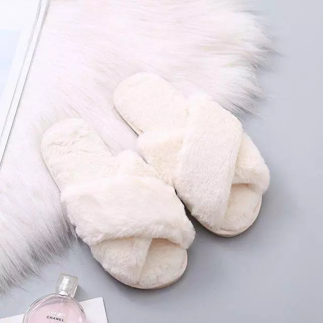Women's Cross Band Slippers - Fuzzy Criss Cross Slippers
