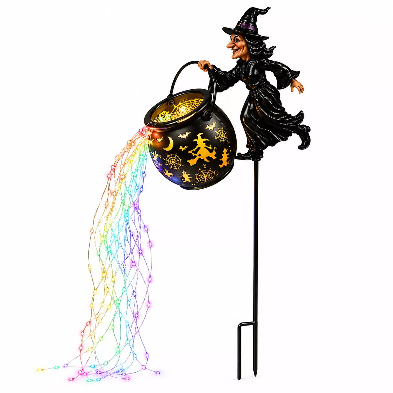 Halloween witch garden stake decoration featuring a black witch figure holding a cauldron with gold witching motifs, from which a string of multicolor LED fairy lights pours out, shown on a white background.