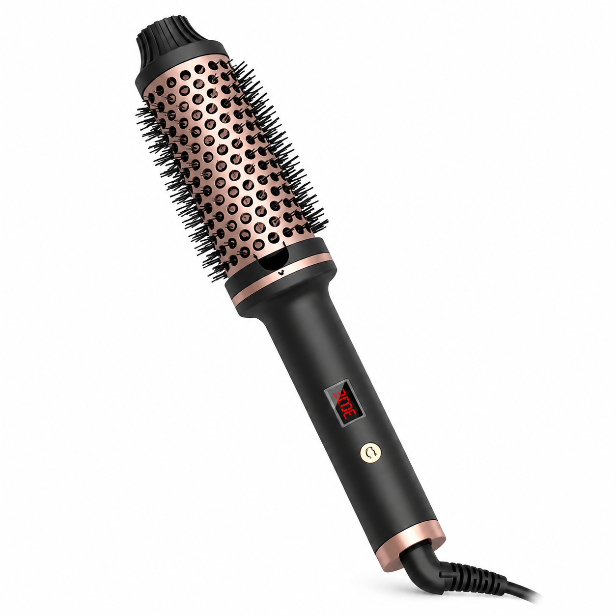 A hot air brush hair styler with a matte black handle, rose gold metallic barrel, and black bristles