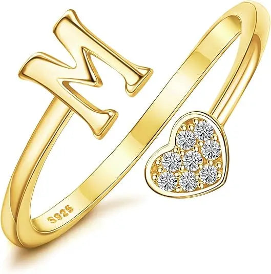 Personalized 18K Gold Initial Ring with CZ Heart
