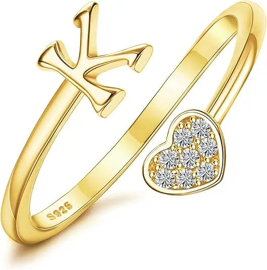 Personalized 18K Gold Initial Ring with CZ Heart