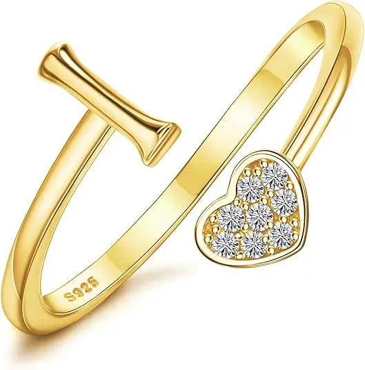 Personalized 18K Gold Initial Ring with CZ Heart