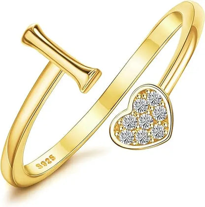 Personalized 18K Gold Initial Ring with CZ Heart
