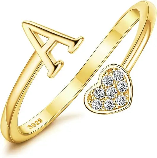 Personalized 18K Gold Initial Ring with CZ Heart
