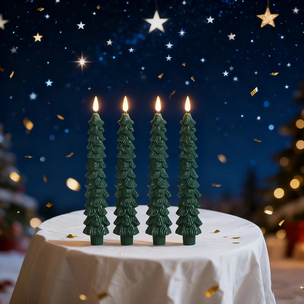 Flameless Christmas tree candles with festive illuminated tree shaped design