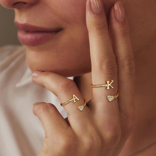 Personalized 18K Gold Initial Ring with CZ Heart