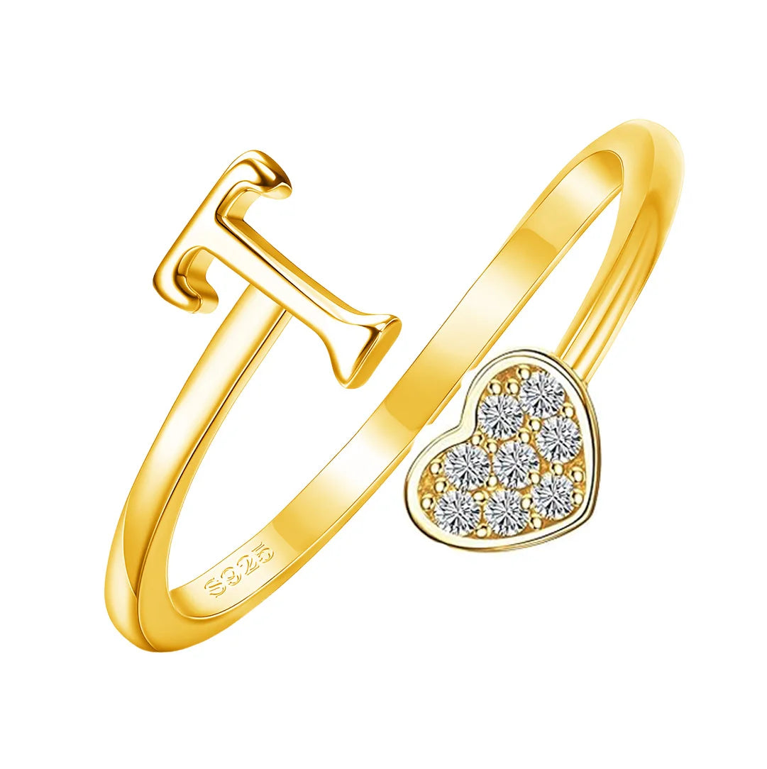 Personalized 18K Gold Initial Ring with CZ Heart