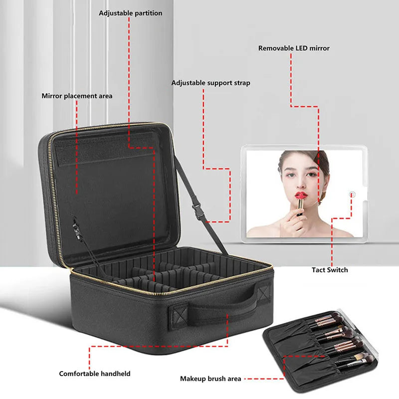 Makeup Bag with LED Mirror - Travel Makeup Case with Adjustable Dividers