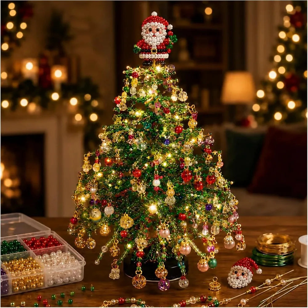 Handmade beaded Christmas tree displayed as holiday decor
