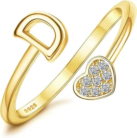Personalized 18K Gold Initial Ring with CZ Heart