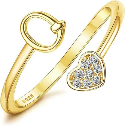 Personalized 18K Gold Initial Ring with CZ Heart