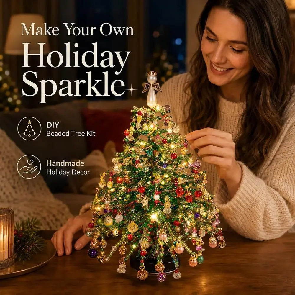 Finished beaded Christmas tree with glossy beads and angel decoration
