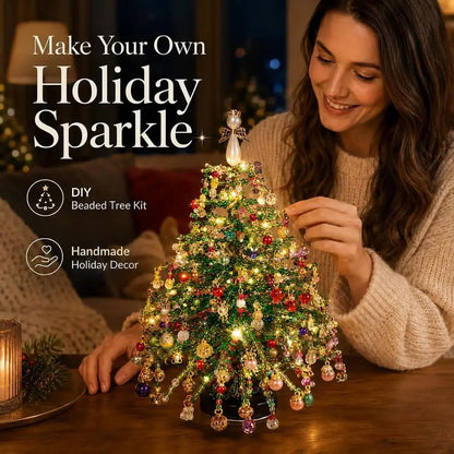 Finished beaded Christmas tree with glossy beads and angel decoration