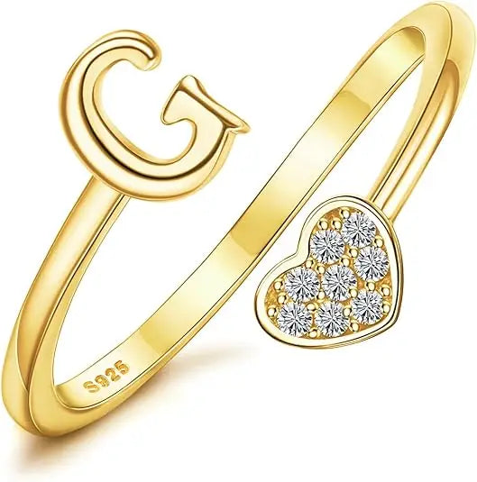 Personalized 18K Gold Initial Ring with CZ Heart
