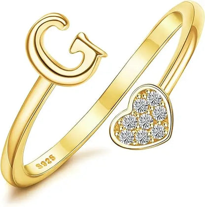 Personalized 18K Gold Initial Ring with CZ Heart