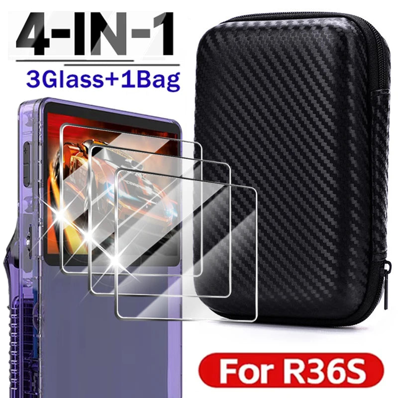 4-in-1 Protective Carrying Case + 3 Glass Screen Protectors for R36S Retro Gaming Handheld