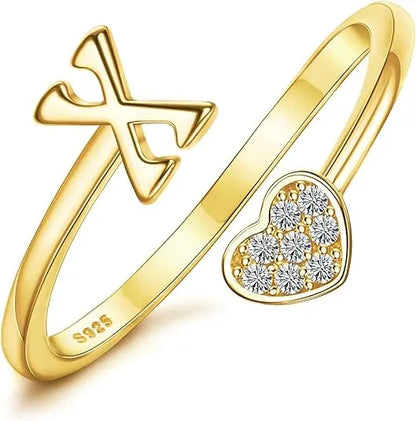 Personalized 18K Gold Initial Ring with CZ Heart