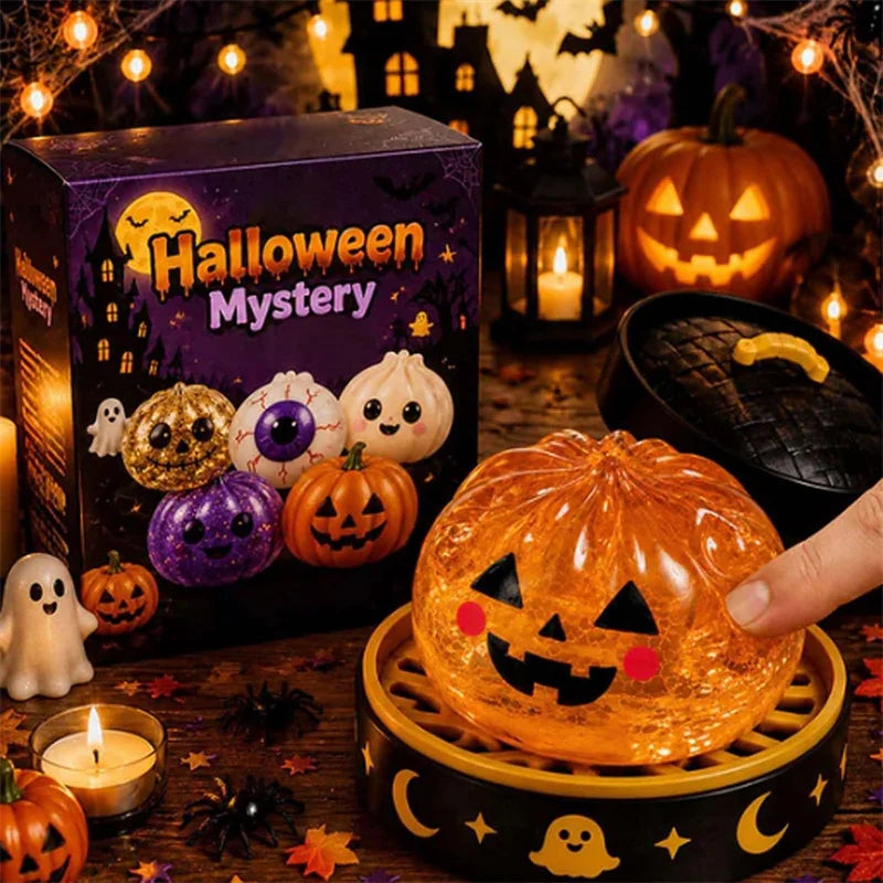 Pumpkin Halloween squishy toy with spooky character design