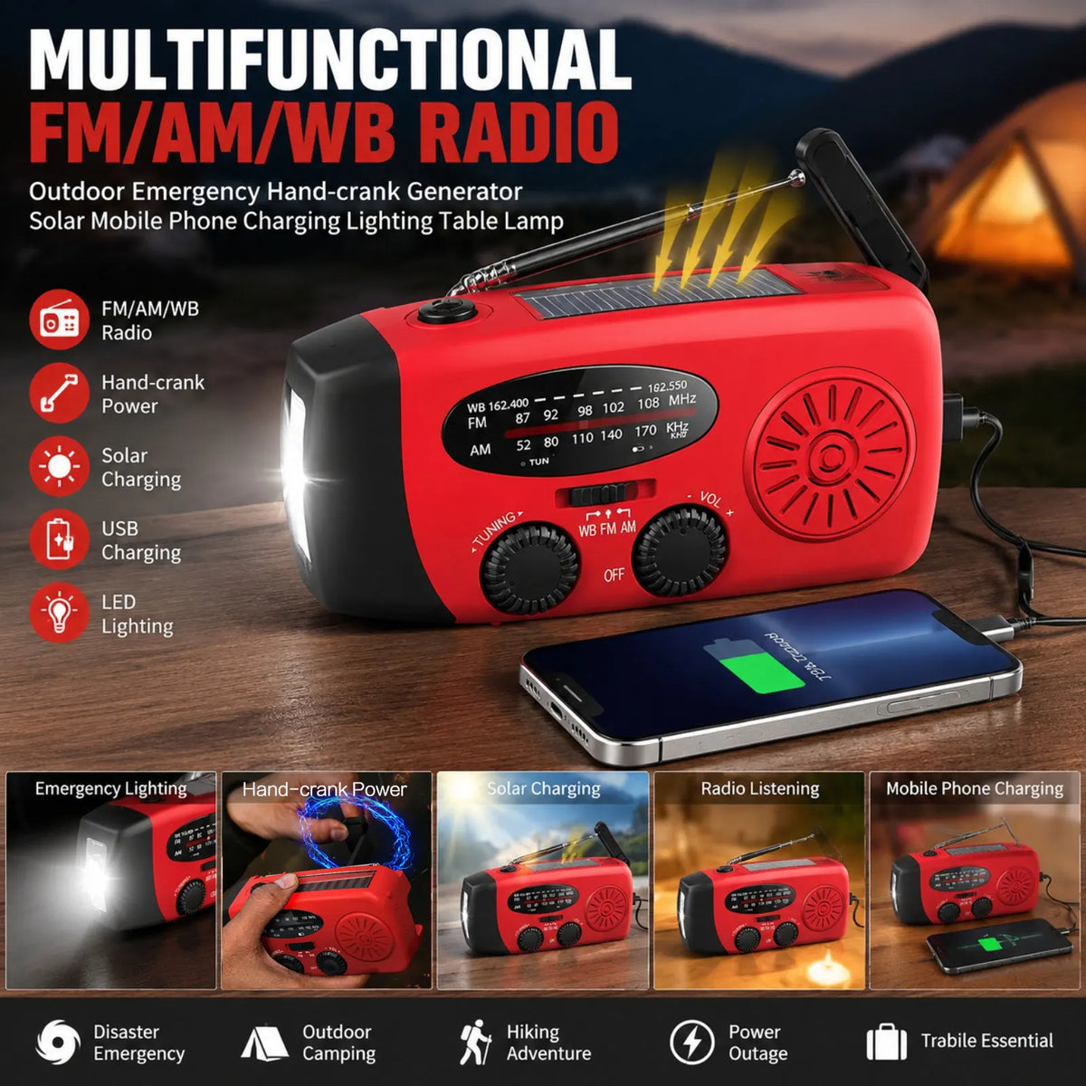 Emergency Radio - Solar Hand Crank Power Bank & Flashlight