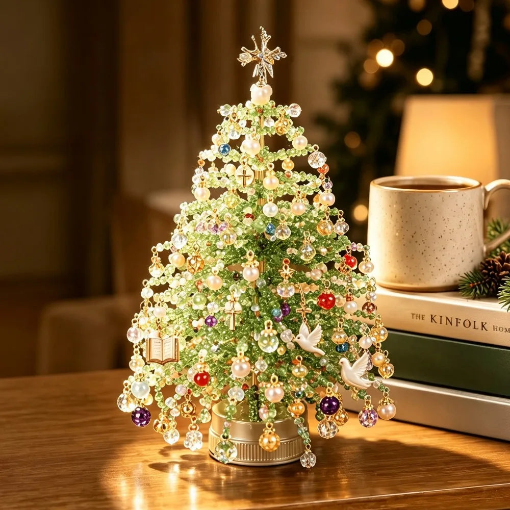Finished DIY beaded Christmas tree with glossy beads and dove decoration