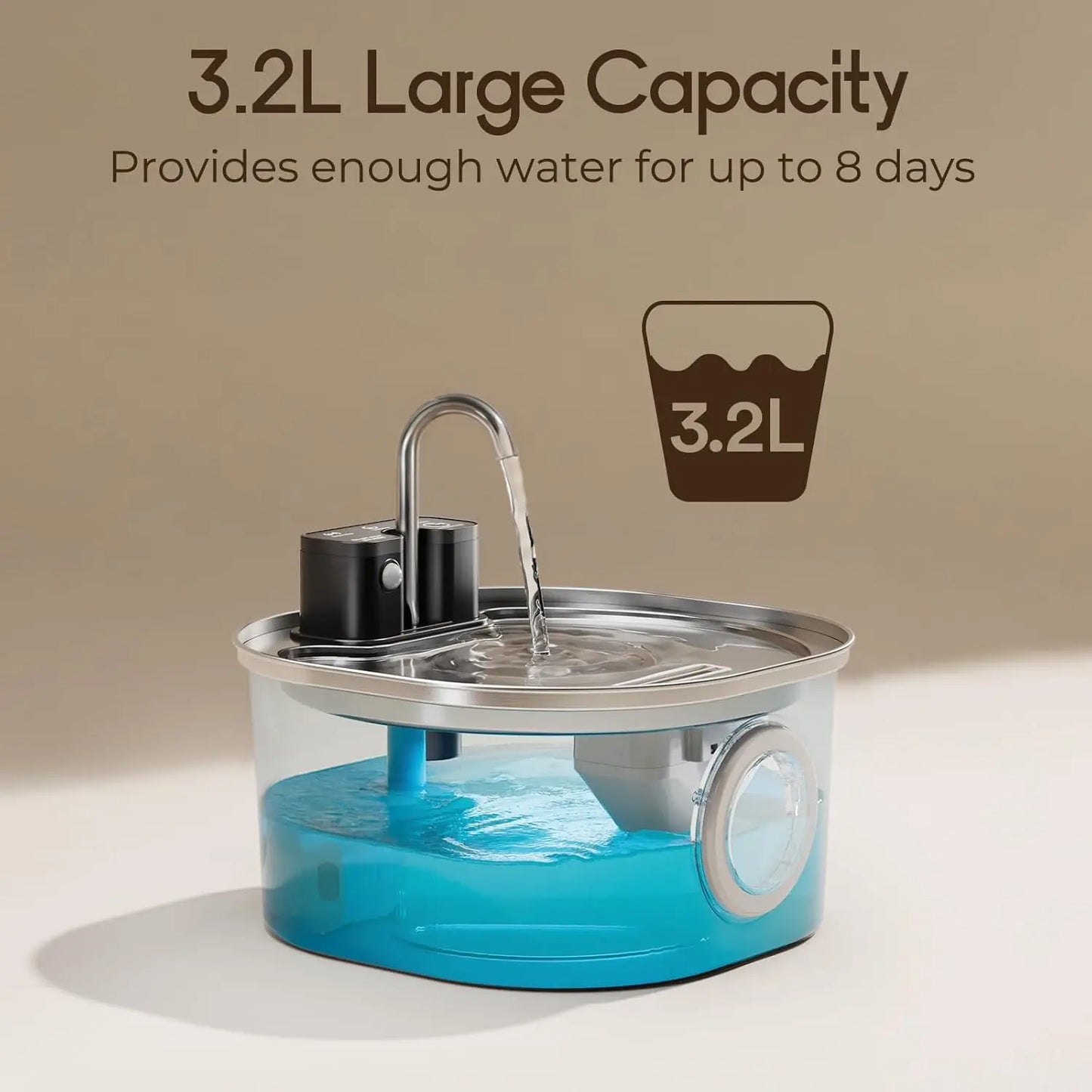 Pet Water Fountain - 3.2L Stainless Steel Fountain with 3 Filters