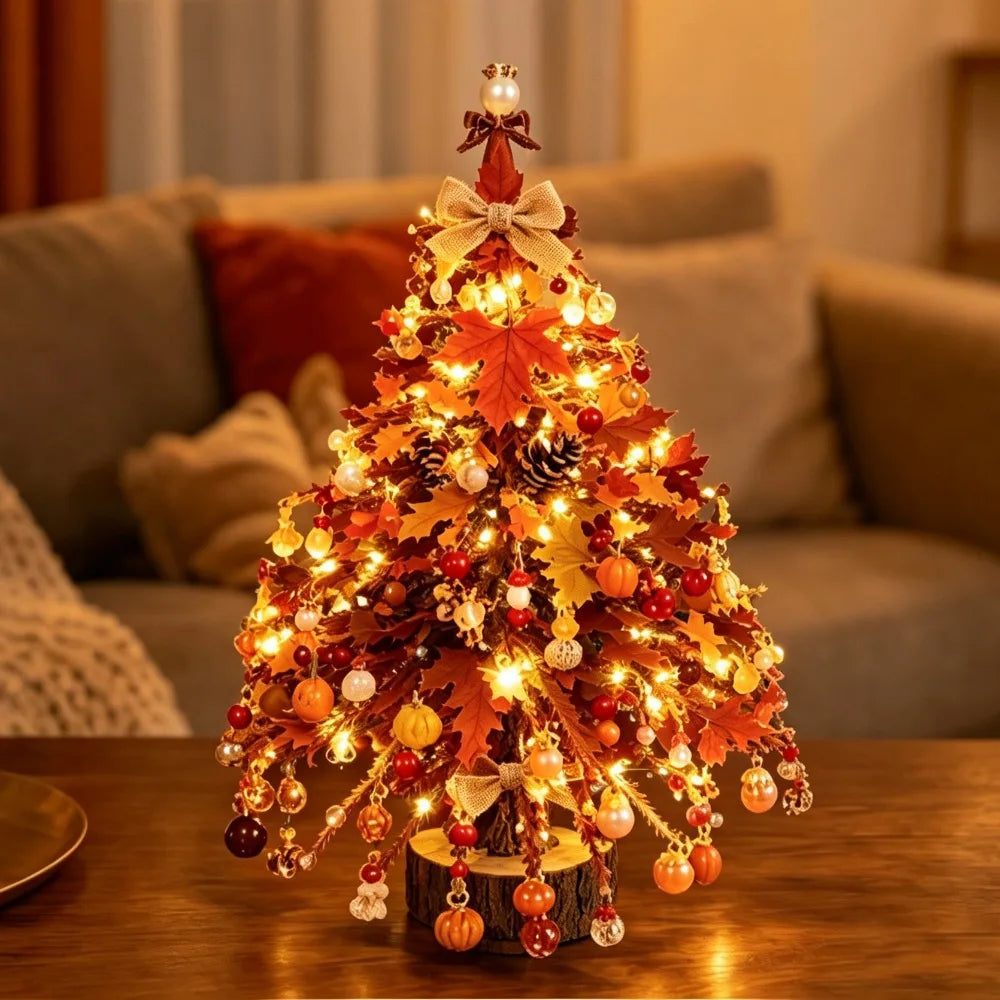 DIY Mini beaded Christmas tree with fall decorations displayed on a table
