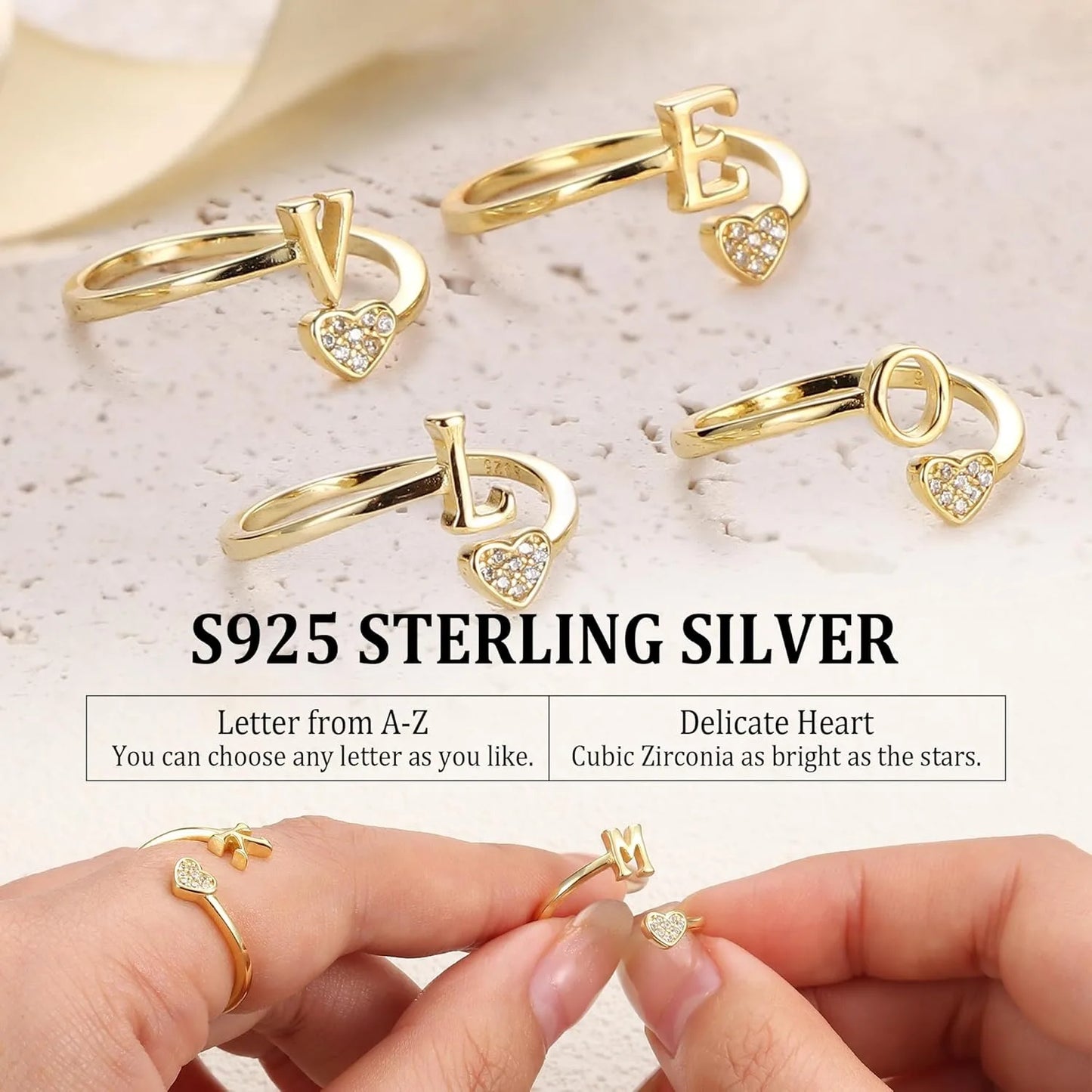 Personalized 18K Gold Initial Ring with CZ Heart