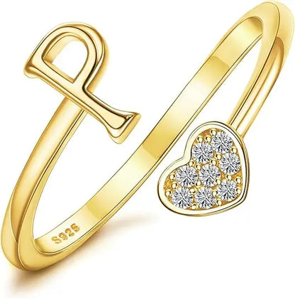 Personalized 18K Gold Initial Ring with CZ Heart
