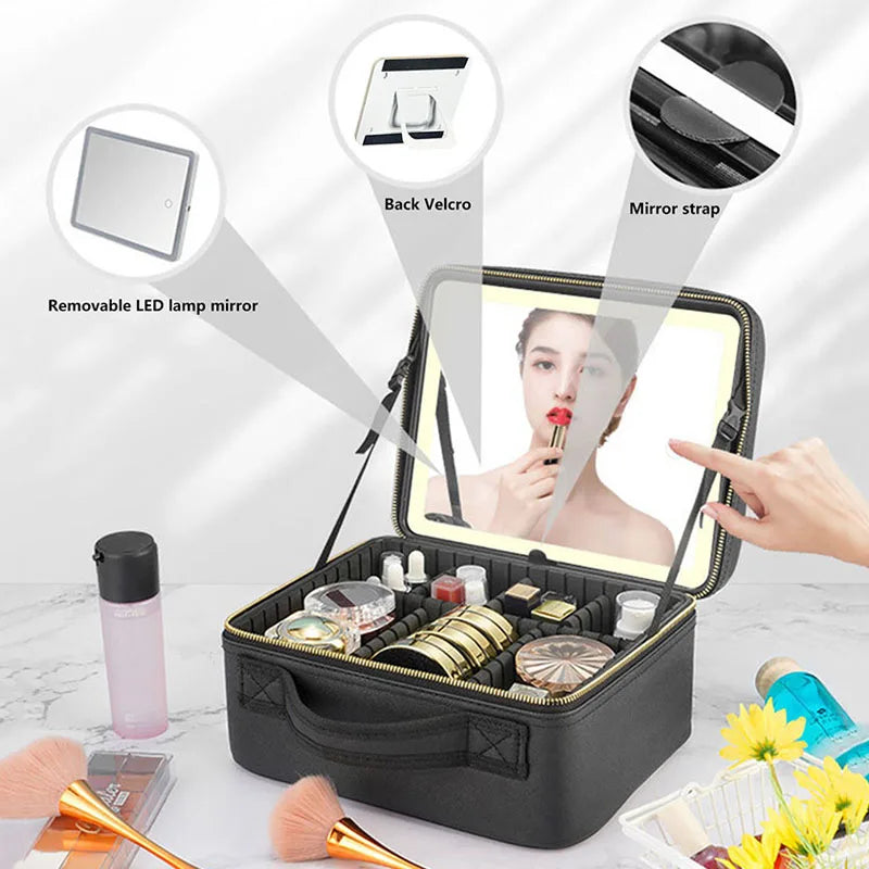 Makeup Bag with LED Mirror - Travel Makeup Case with Adjustable Dividers