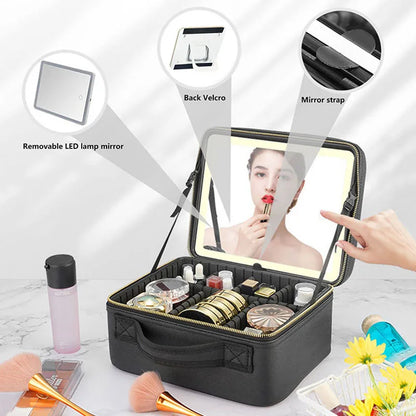 Makeup Bag with LED Mirror - Travel Makeup Case with Adjustable Dividers