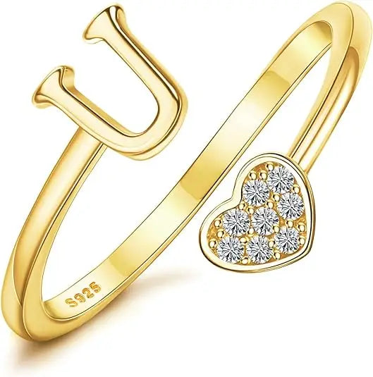 Personalized 18K Gold Initial Ring with CZ Heart