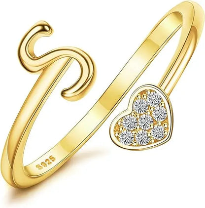 Personalized 18K Gold Initial Ring with CZ Heart