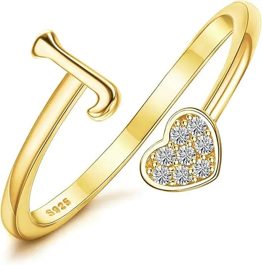 Personalized 18K Gold Initial Ring with CZ Heart