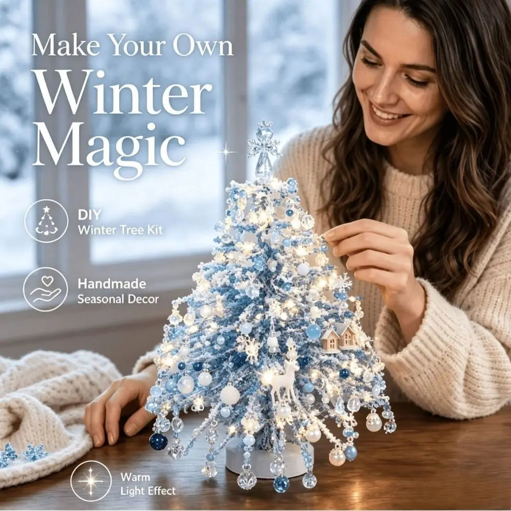 Finished DIY frosted beaded Christmas tree with glossy beads and winterl decoration