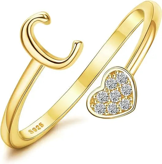 Personalized 18K Gold Initial Ring with CZ Heart