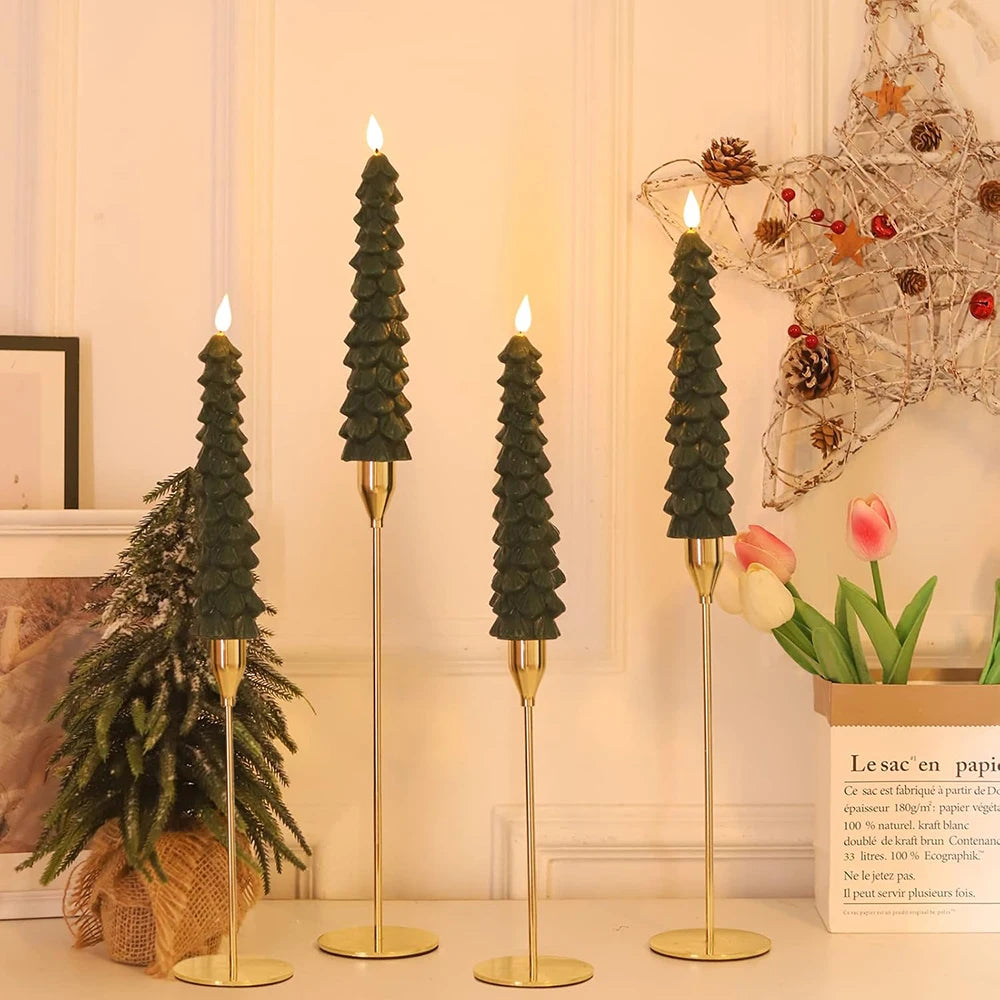 Battery operated flameless Christmas tree candle glowing as holiday décor