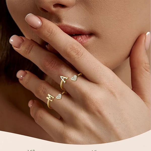 Personalized 18K Gold Initial Ring with CZ Heart