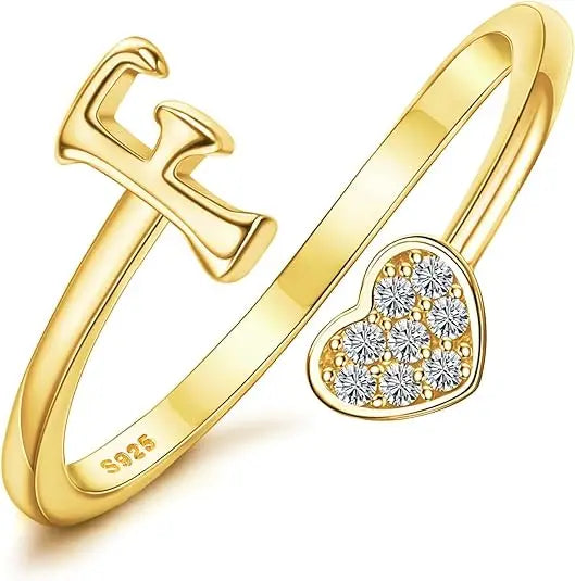 Personalized 18K Gold Initial Ring with CZ Heart