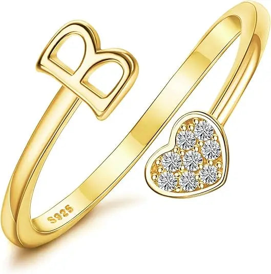 Personalized 18K Gold Initial Ring with CZ Heart