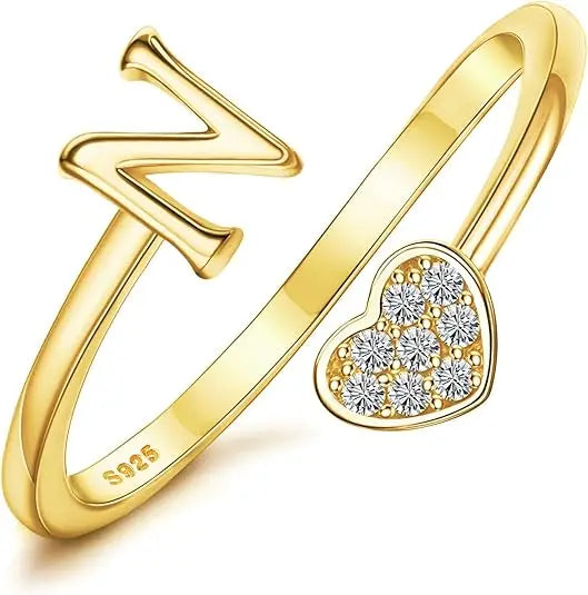 Personalized 18K Gold Initial Ring with CZ Heart