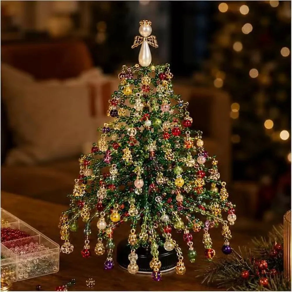Finished DIY beaded Christmas tree with glossy beads and angel decoration