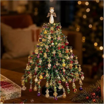 Finished DIY beaded Christmas tree with glossy beads and angel decoration