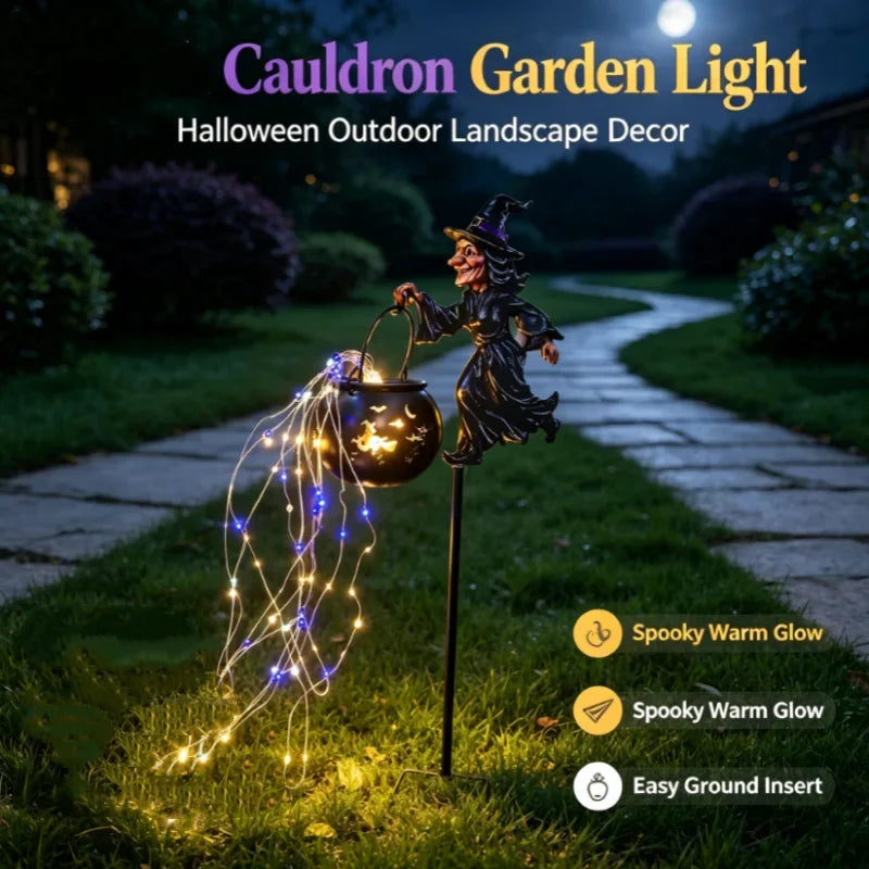 Halloween Witch Cauldron Garden Stake - Solar Outdoor Halloween Light