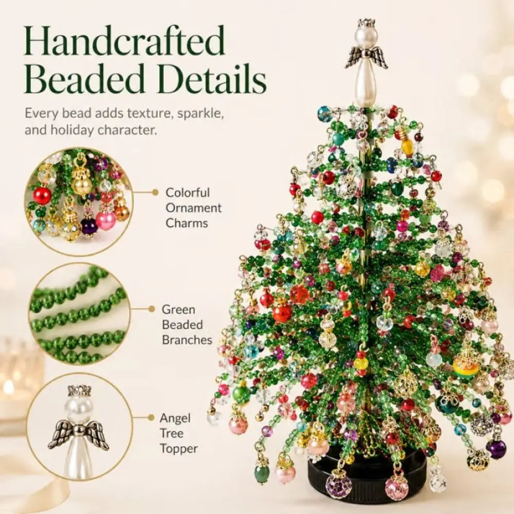 A siy handcrafted beaded Christmas tree kit with green bead branches, colorful hanging ornaments, and a silver angel tree topper