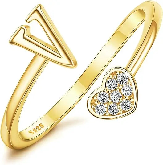 Personalized 18K Gold Initial Ring with CZ Heart