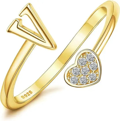 Personalized 18K Gold Initial Ring with CZ Heart