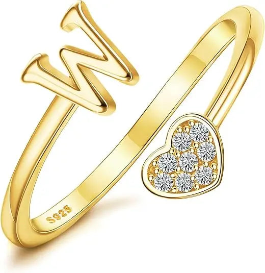 Personalized 18K Gold Initial Ring with CZ Heart
