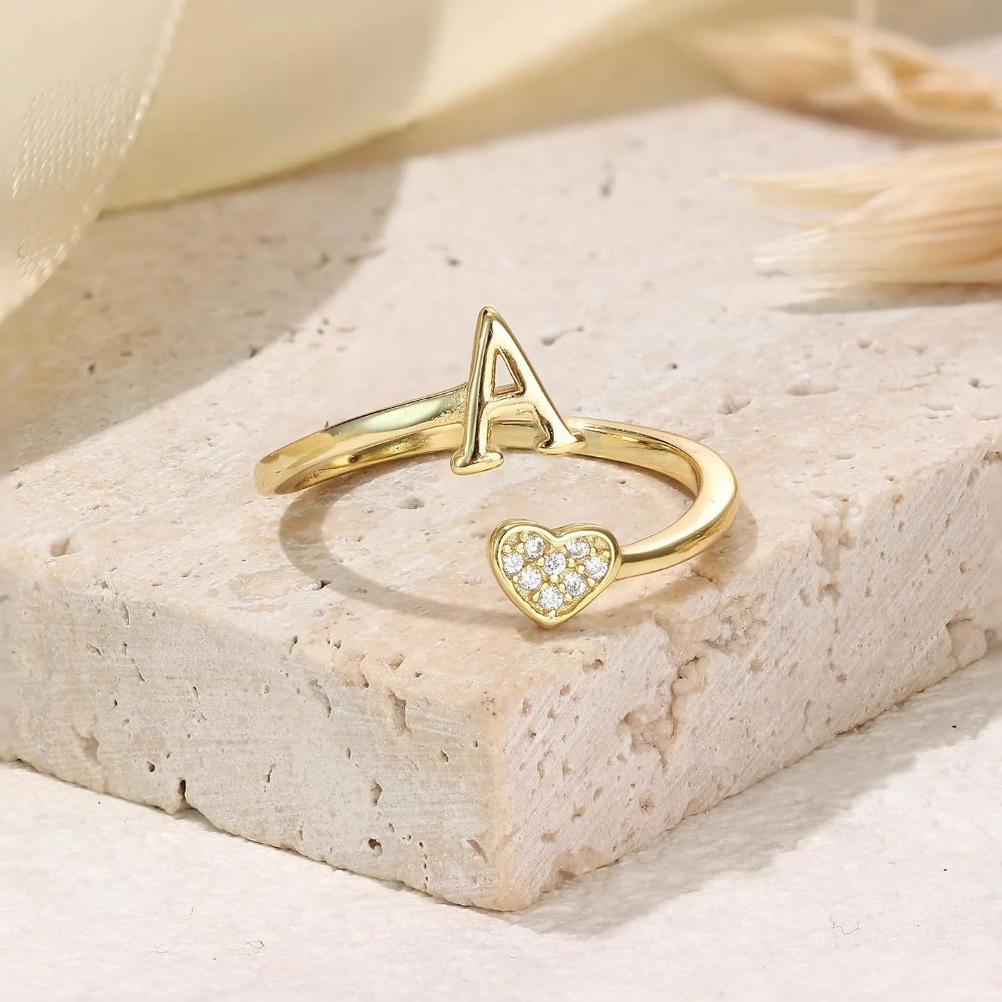 Personalized 18K Gold Initial Ring with CZ Heart