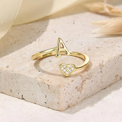 Personalized 18K Gold Initial Ring with CZ Heart
